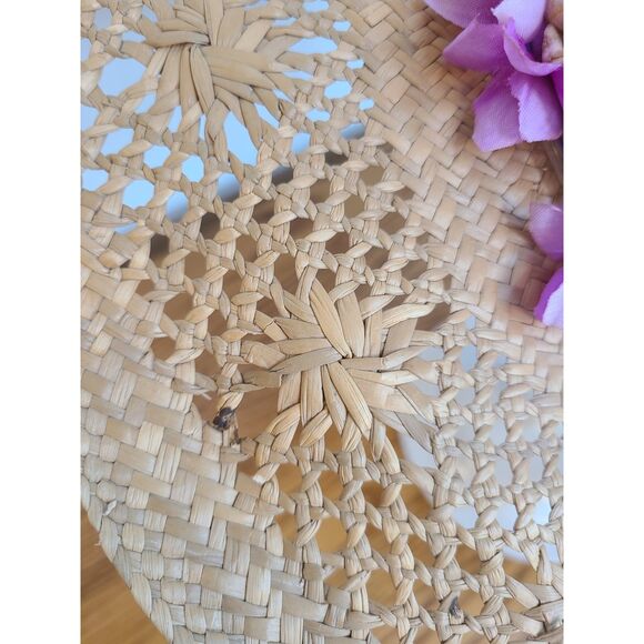 Vintage Raffia Straw Sun Hat Open Cane Weave Round Crown Wide Brim Shell Band - Picture 7 of 10